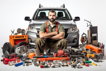 Fototapeta premium The Mechanic: A confident, skilled mechanic sits before his vehicle surrounded by an array of tools and equipment, showcasing the expertise and dedication of a true professional. 