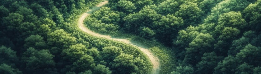 Aerial view of a mountain bike trail winding through a dense forest, lush green canopy, birds-eye perspective, soft watercolor painting, tranquil setting