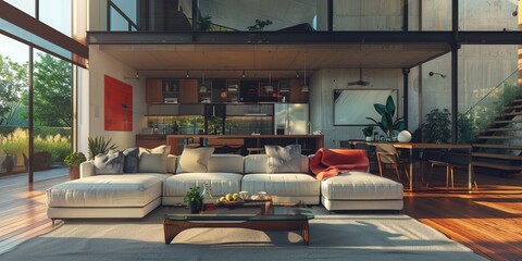 A large open living room with a white couch, a coffee table, and a potted plant