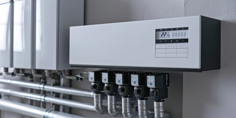 A white box with a clock on it is mounted on a wall