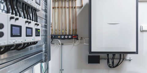 A white and black boiler is mounted on the wall