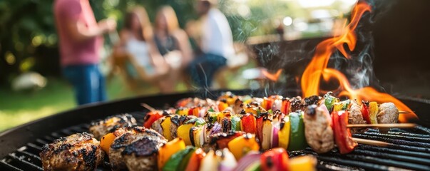 Delicious grilled skewers sizzling on the barbecue, perfect for summer gatherings with friends and family.