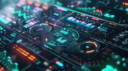 Fototapeta premium Futuristic digital interface with vibrant charts and graphs, perfect for technology and data visualization projects.