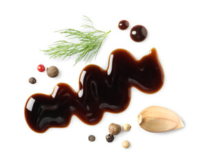 Delicious balsamic vinegar, garlic, dill and peppercorns isolated on white, top view