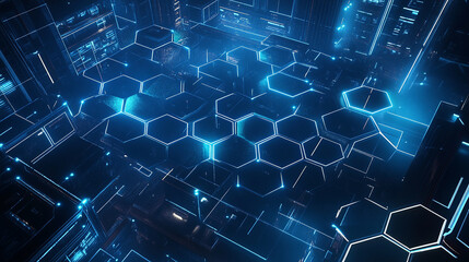 Obraz premium Abstract blue technology background with a hexagon pattern for a digital network, a futuristic and dynamic element design 