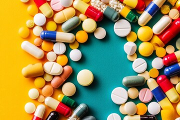 A circular arrangement of various colorful pills and capsules on a vibrant blue and yellow background symbolizing the diversity and accessibility of modern medications in healthcare