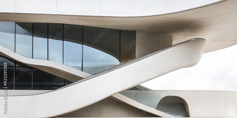 Poster A building with a spiral staircase and a glass facade