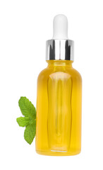 Bottle of essential oil and mint isolated on white, top view