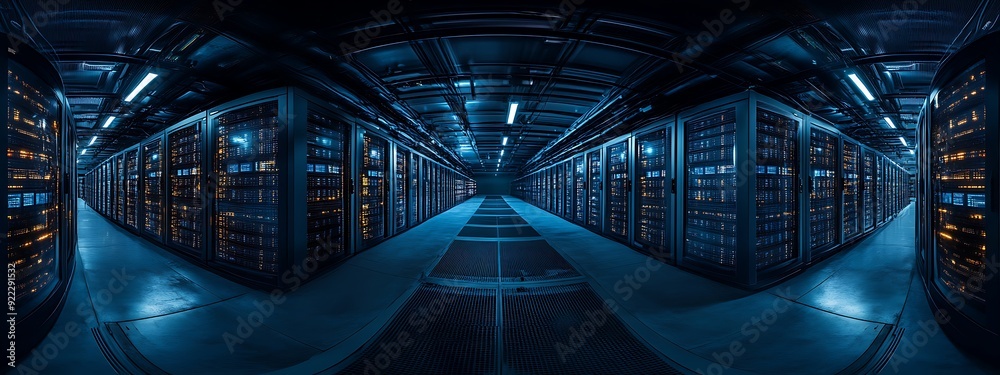 Leinwandbilder Panoramic View of a Massive Data Center with Rows of Servers and Blinking Lights