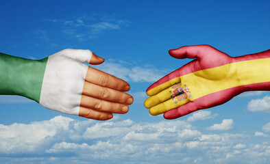 Spain and Ireland country handshaking with flags, consensus concept international co-operation illustration