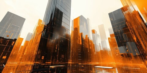 A cityscape with tall buildings and a bright orange sky