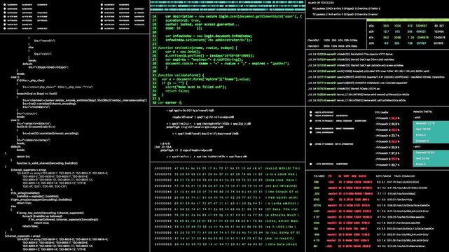 An elegantly designed digital display showcasing code snippets, detailed statistics, and vital server data