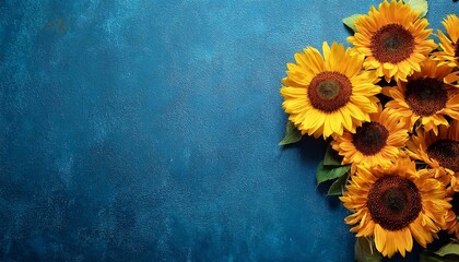 many sunflowers on a blue texture background, Flat lay, top view with space for text
