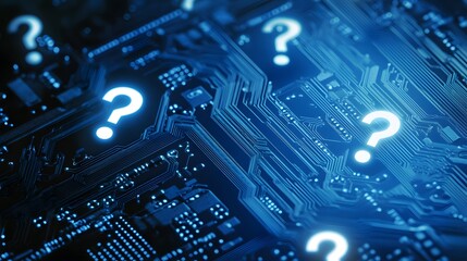 Question marks on a blue circuit board.