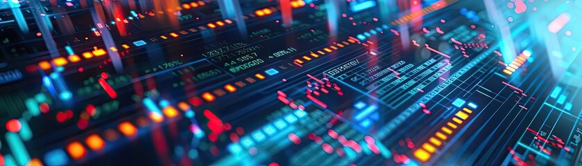 Fototapeta premium Futuristic digital circuit design with vibrant colors, showcasing technology and innovation in data processing.