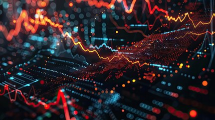 Fototapeta premium Abstract data visualization with vibrant lines and dots representing fluctuating statistics and trends in technology and finance.