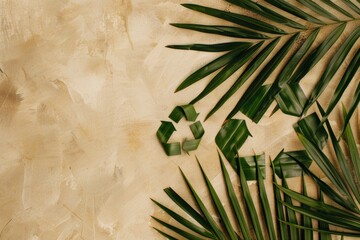 Recycling symbol created from green leaves on a textured background representing the blend of natural elements with human design in promoting environmental sustainability