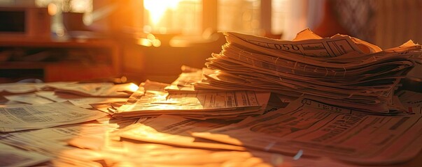 A warm sunset illuminates a pile of newspapers, showcasing the beauty of printed media and nostalgic memories.