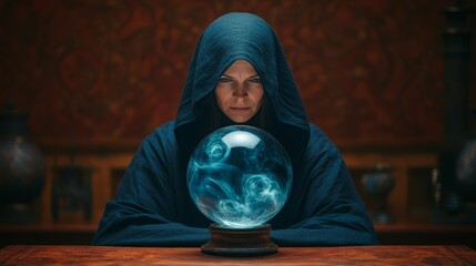 An enigmatic seer in a hooded robe, peering into a crystal ball filled with swirling mist and faint images of distant places, surrounded by an array of arcane objects, copy space for text, focus