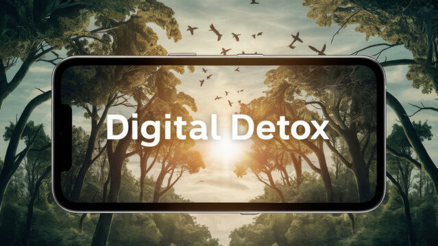 Smartphone with 'DIGITAL DETOX' text shown in front of lush tropical jungle with palm trees. Concept of disconnecting from technology for nature.