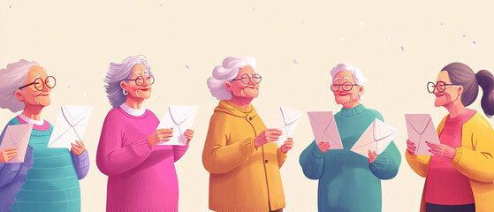 Happy Senior Friends Reading Letters Together Illustration