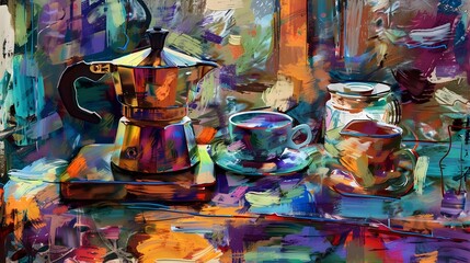 Fototapeta premium Abstract Still Life with Coffee Pot and Cups.
