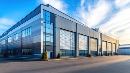 Fototapeta premium Modern Industrial Building with Large Garage Doors