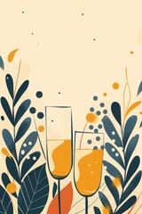 Champagne glasses with abstract floral design and leaves on light background