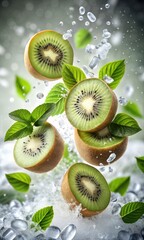 Creative Exotic Kiwi Fruit in Mid Air with Swirling Ice and Juice, Dynamic Splashing Action and Vibrant Liquid Motion for Fresh, Energetic Visuals for Poster and Digital Design