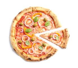 Cut delicious vegetarian pizza isolated on white, top view