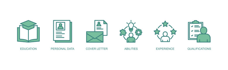 Curriculum vitae banner web icon vector illustration concept with icon of education, personal data, cover letter, abilities, experience and qualifications