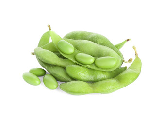 Raw green edamame soybeans and pods isolated on white