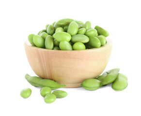 Raw green edamame soybeans and pods isolated on white