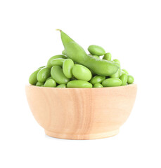 Raw green edamame soybeans and pod isolated on white