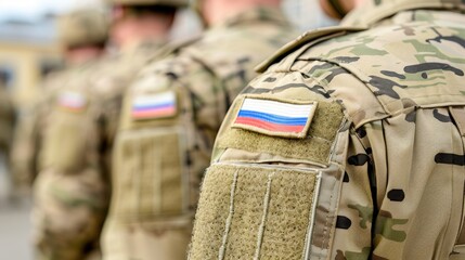 Soldier in military uniform displays Russian flag patch against blurred background in dynamic composition
