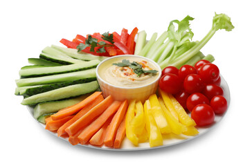 Tasty homemade hummus and different vegetables isolated on white