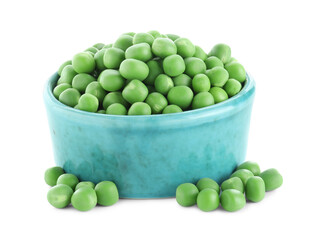 Fresh green peas in bowl isolated on white