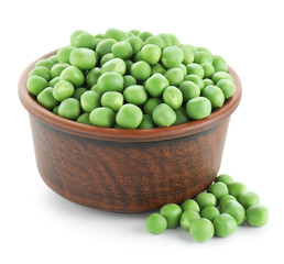 Fresh green peas in bowl isolated on white