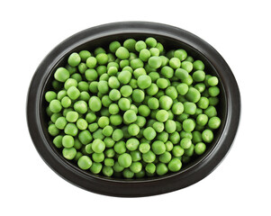 Fresh green peas in bowl isolated on white, top view