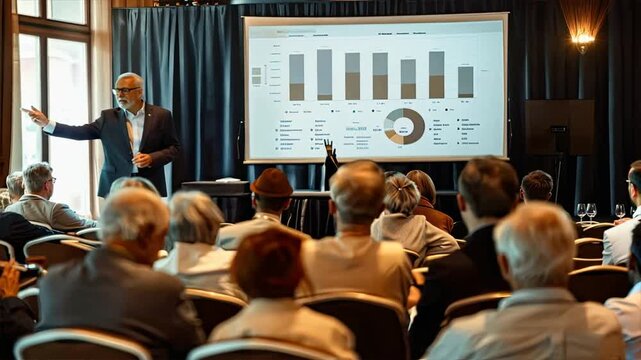 Business Keynote: A seasoned speaker captivates a focused audience with insightful data and compelling presentation, setting the stage for a dynamic and engaging discussion.  