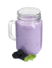 Tasty yogurt in glass, fresh blackberries and mint isolated on white