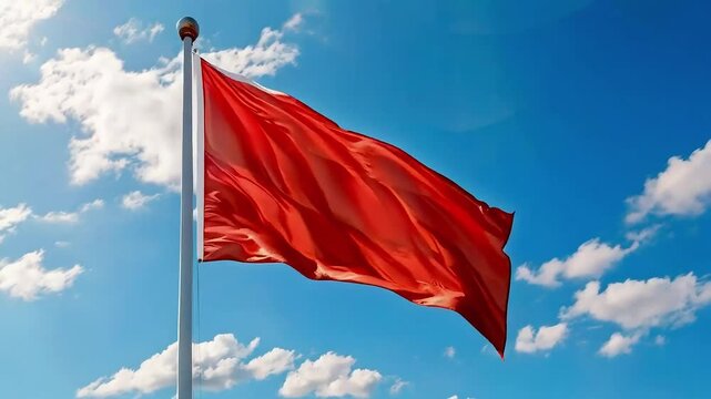 A single red flag waving in the wind against a bright blue sky with white clouds.