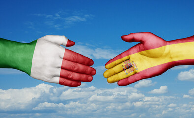 Spain and Italy country handshaking with flags, consensus concept international co-operation illustration