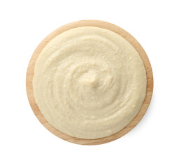 Delicious hummus in bowl isolated on white, top view
