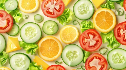 Juicy and fresh seamless pattern of assorted vegetable slices.