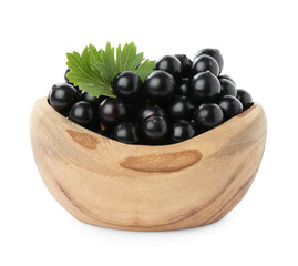 Fresh ripe black currant berries with leaf isolated on white