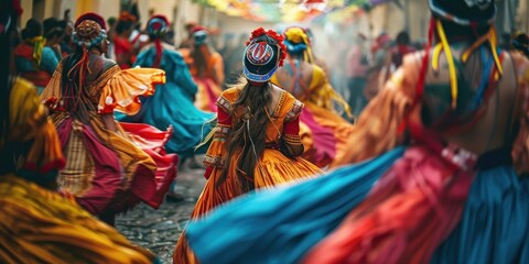 A group of people are dancing in the street, wearing colorful clothing