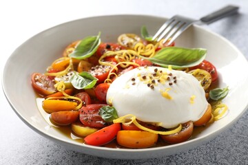 Delicious fresh burrata salad in bowl served on light gray table, closeup