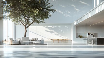 Open office area with a tall tree and modern furniture. Plenty of empty space for text or promotional content.