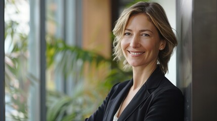 Fototapeta premium Professional businesswoman smiling, ready for business. Plenty of copy space on the right side.